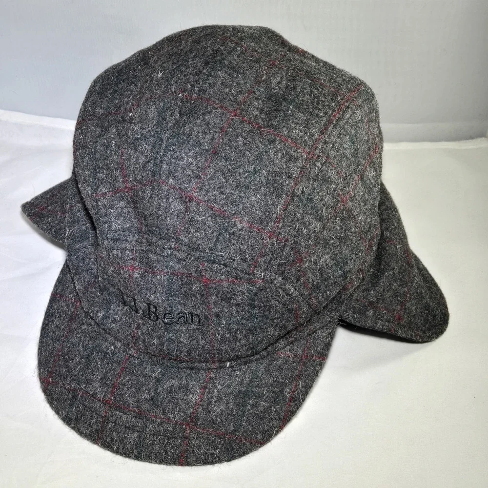 LL Bean Maine‎ Guide Wool Cap Adults XL PrimaLoft Plaid Ear Flaps Gray Red